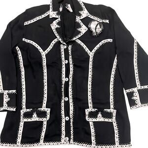 Vintage Knit Cardigan Sweater Black Large Beaded Vegan Leather Trim Satin